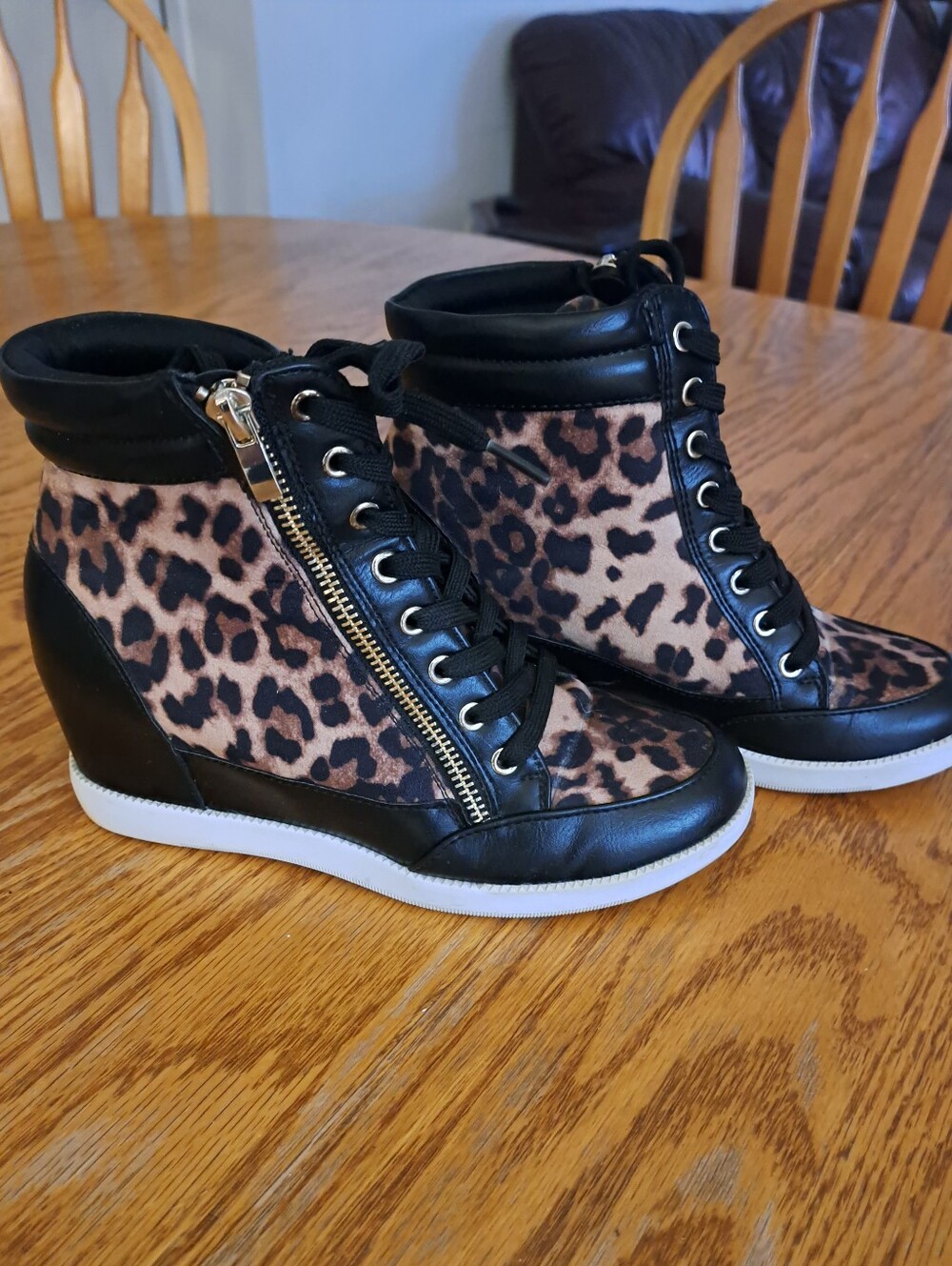 JustFab Leopard Print Wedge Sneakers - Black and Brown